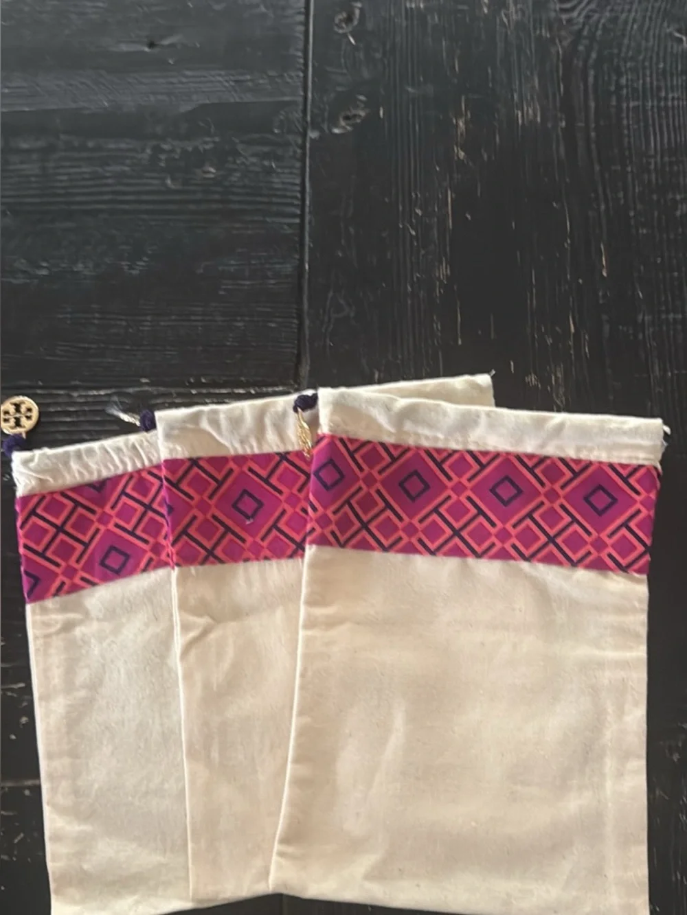Tory Burch Set of 3 Cotton Drawstring Bags with Pink Geometric Trim